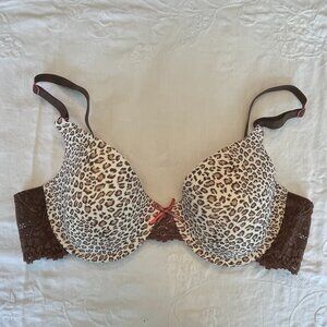 Maidenform Bra 36-C, Brown Leopard Print Soft Thin Foam Cups, Dark Brown Lace